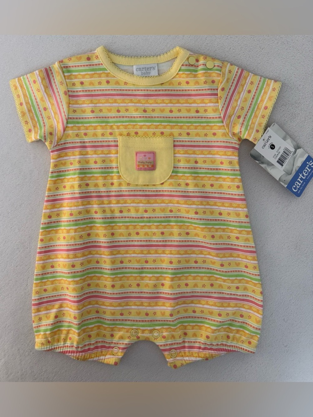 Carter's NWT Yellow & Pink Striped Short-Sleeve Baby Romper Bodysuit Size 0-3mo